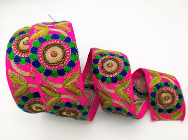 Fuchsia Art Silk Lace Trim, Floral Embroidery in Green and Blue, Hand Embroidered Border with Antique Gold beads and Gold Sequins